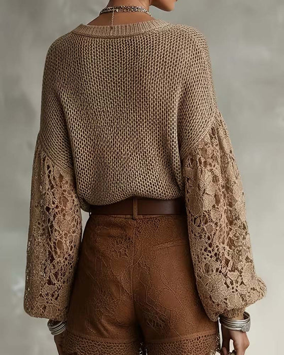 Pullover Spitze Cut-Out Patchwork Laternenärmel