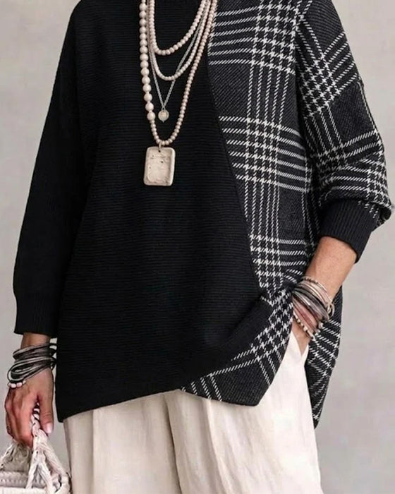 Pullover Hoher Kragen Unregelmäßig Linie Locker