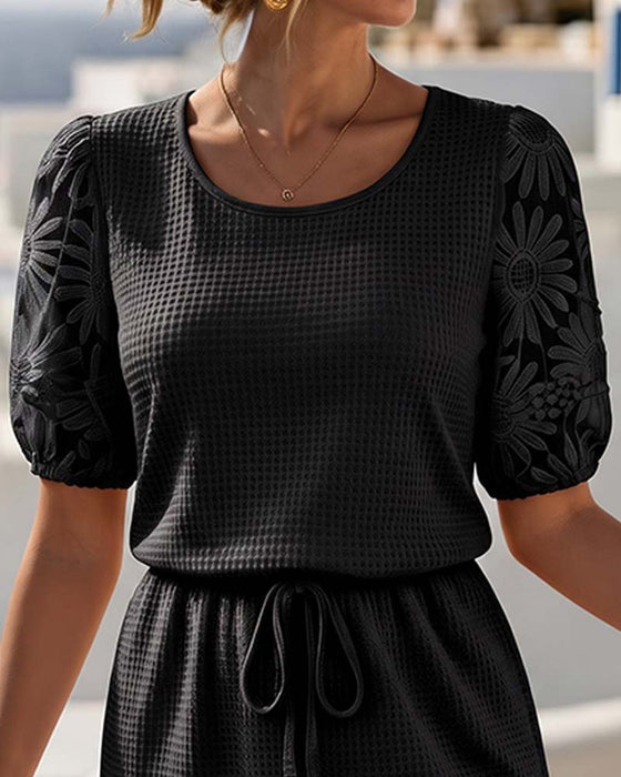 Kleid Waffel Strick Patchwork Gänseblümchen Spitze