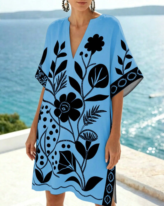 Kleid Floral Print V Ausschnitt Schlitz