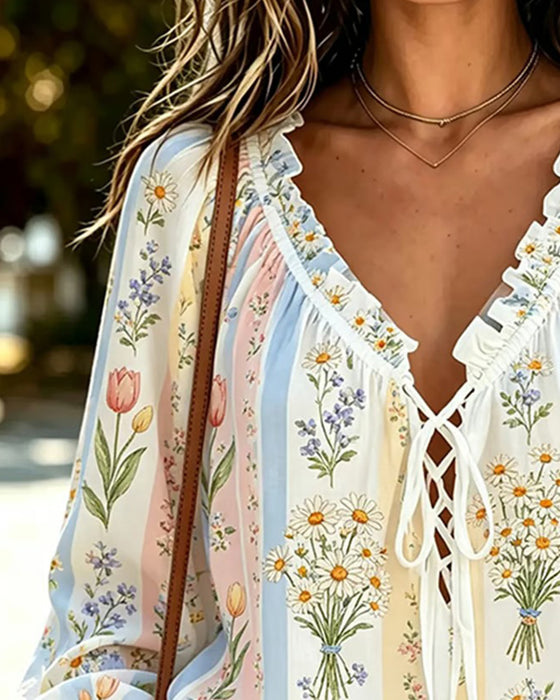 Bluse Farbblock Blumen Bindung V-Ausschnitt
