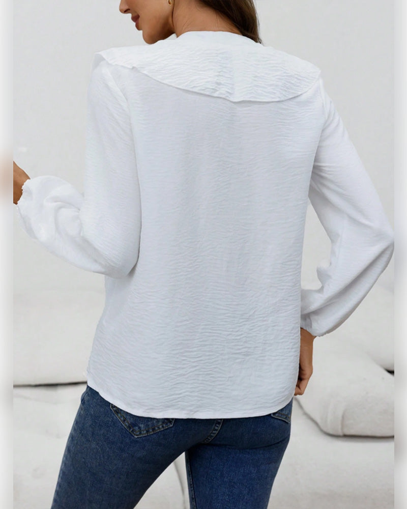 Bluse Rüsche Tief V-Ausschnitt Langarm