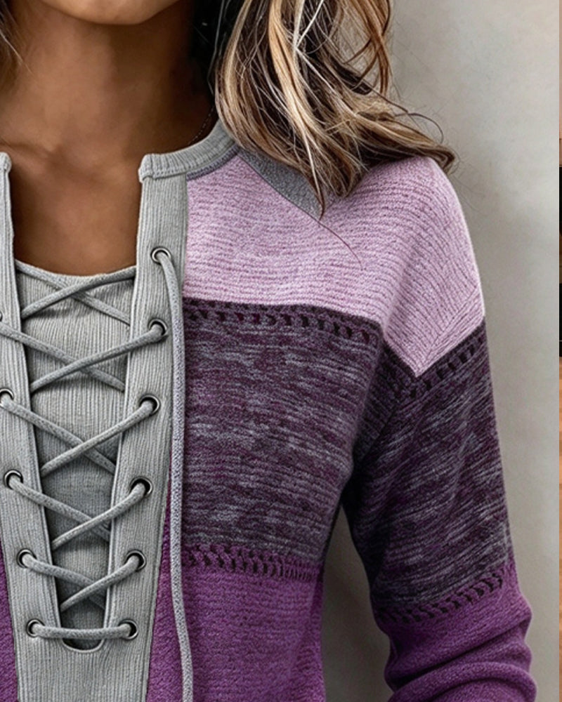 Sweatshirt Binden Gestreift Farbblock Figurbetont