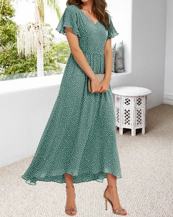 Kleid V-Ausschnitt Rüschensaum Punkte