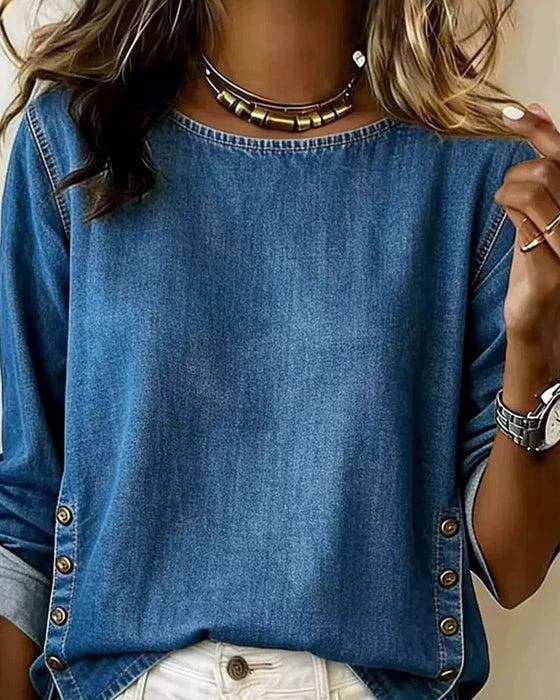 Bluse Rundhals Seitenschlitz Knopf