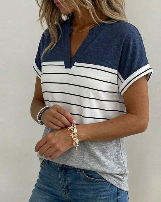 T-Shirt V-Ausschnitt Kontrast Streifen