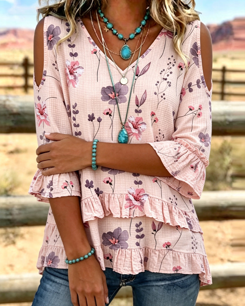 Bluse Blumenmuster Schulterfrei Rüschenärmel