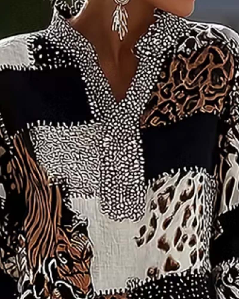 Bluse Mandarin Kragen Leopard Patchwork