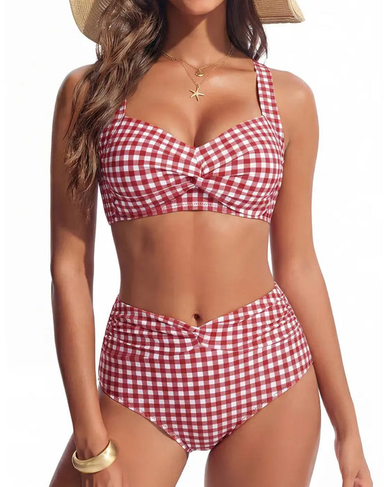Bikini Kariert Hohe Taille Knoten