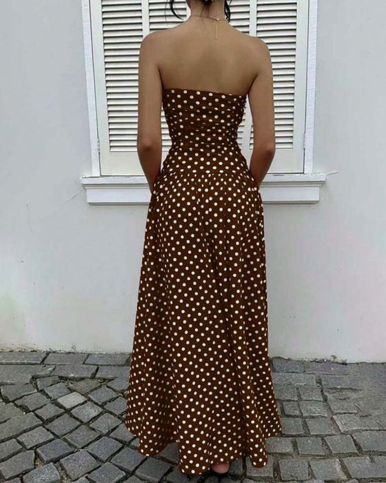 Kleid Tupfen Bandeau A-Linie Lang