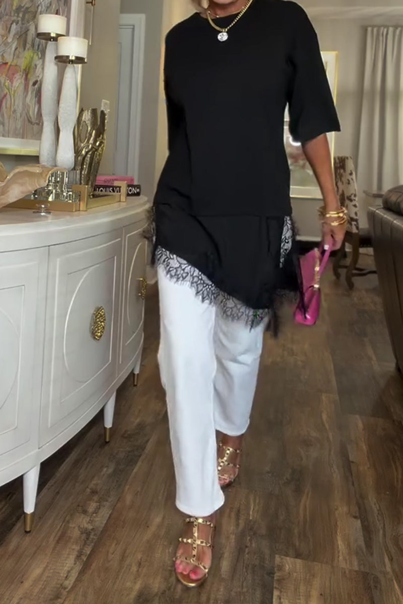 Bluse Spitzennaht Unregelmäßig Mittellang