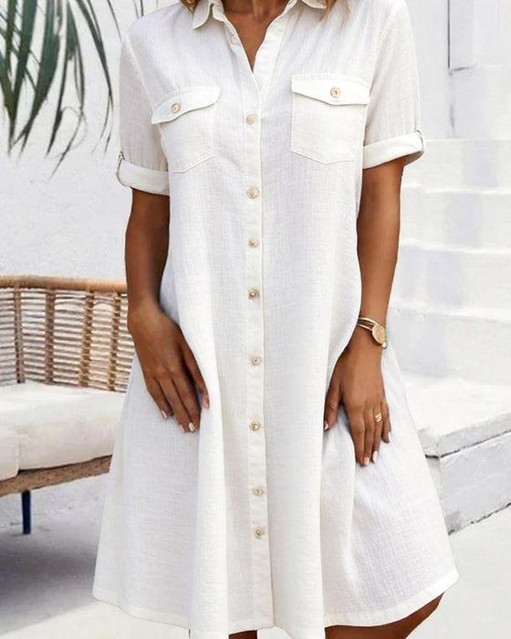 Kleid Umlegekragen Baumwollleinen Knopfleiste Hemdenstil