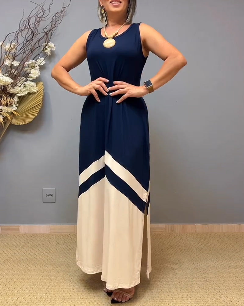 Kleid Ärmellos Kontrast Farbe Schlitz Lang