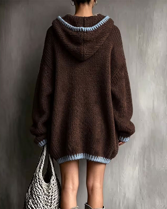 Strickkleid Kontrast Kordelzug Kapuze