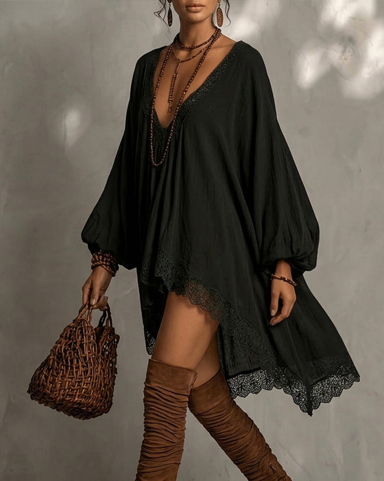 Kleid V-Ausschnitt Spitze Asymmetrisch