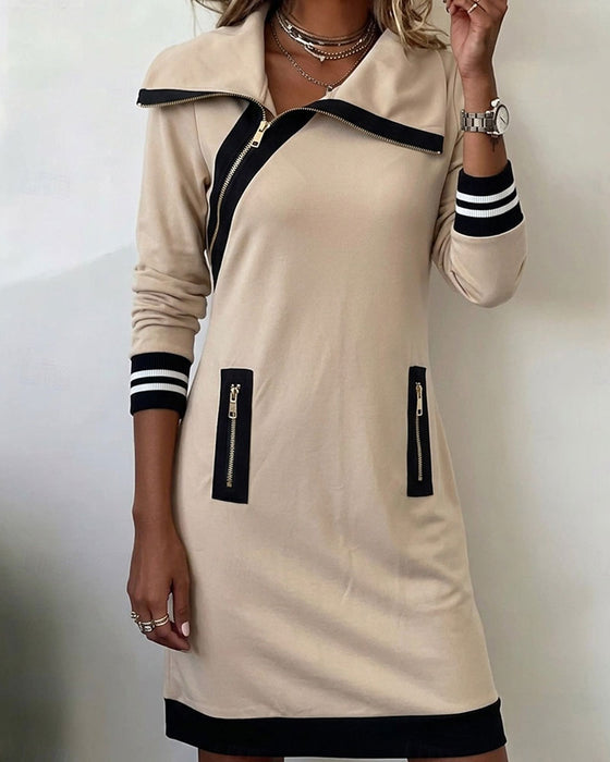 Kleid Schräger Reißverschluss Kragen Gerade