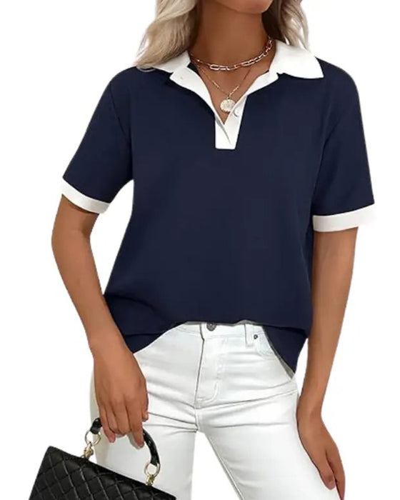 T-Shirt Polo Kragen Farbblock Kurzarm