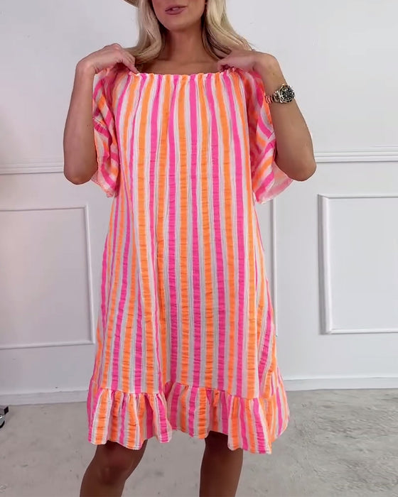 Kleid Rundhals gestreift plissiertes Shiftkleid