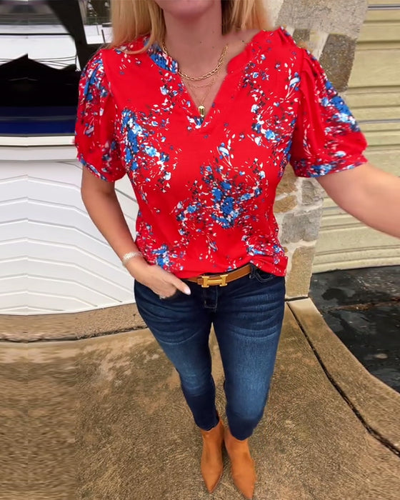 T-Shirt V-Ausschnitt Blumenmuster Kurzarm