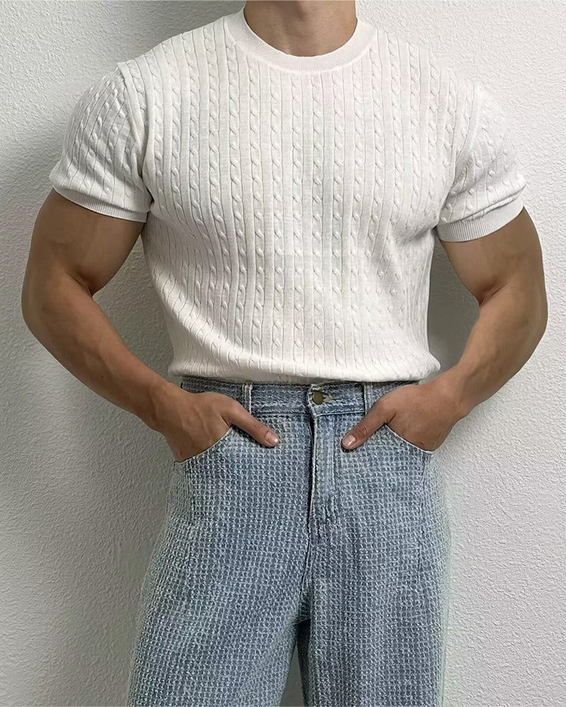 Top Herren Einfarbig Zopfstrick Rundhals, Slim Lässig Frühling Sommer Strickware