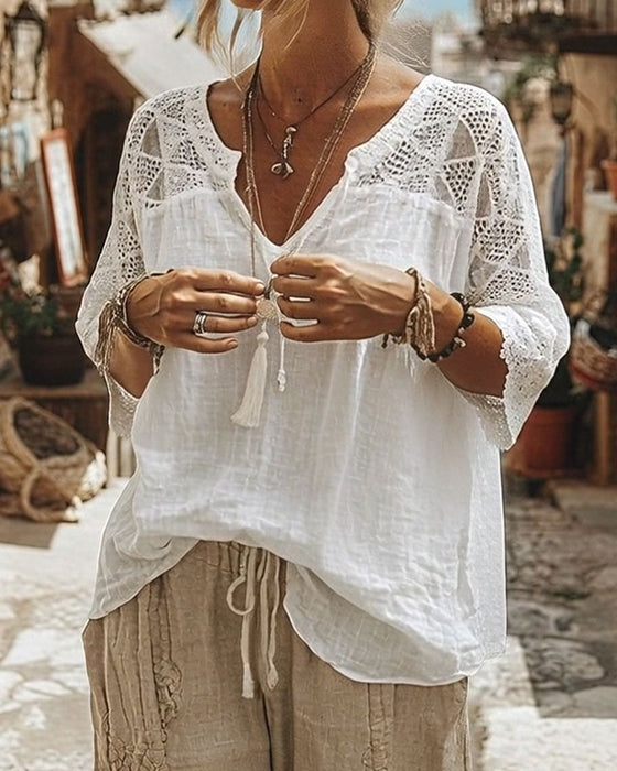 Bluse Unifarben eingefasst V-Ausschnitt