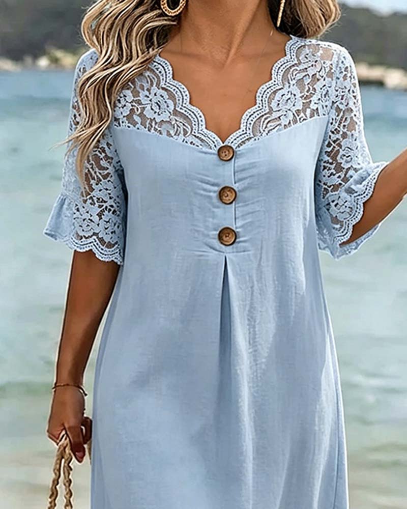 Kleid V-Ausschnitt Spitze Panel Kurzärmelig