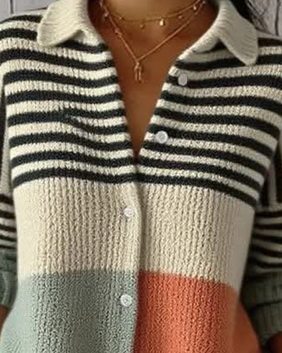 Jacke Revers Knopf Streifen Farbblock