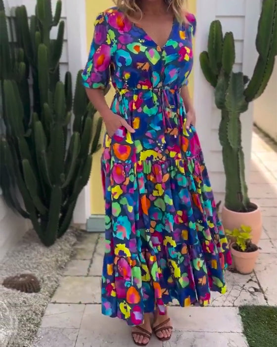 Kleid Laternenärmel Bindeband Bedruckter V-Ausschnitt