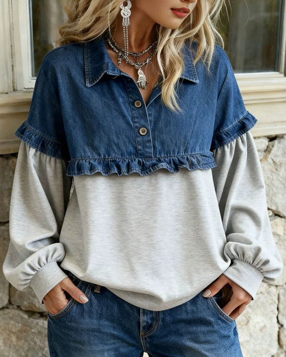 Top Hemdkragen Volant Patchwork