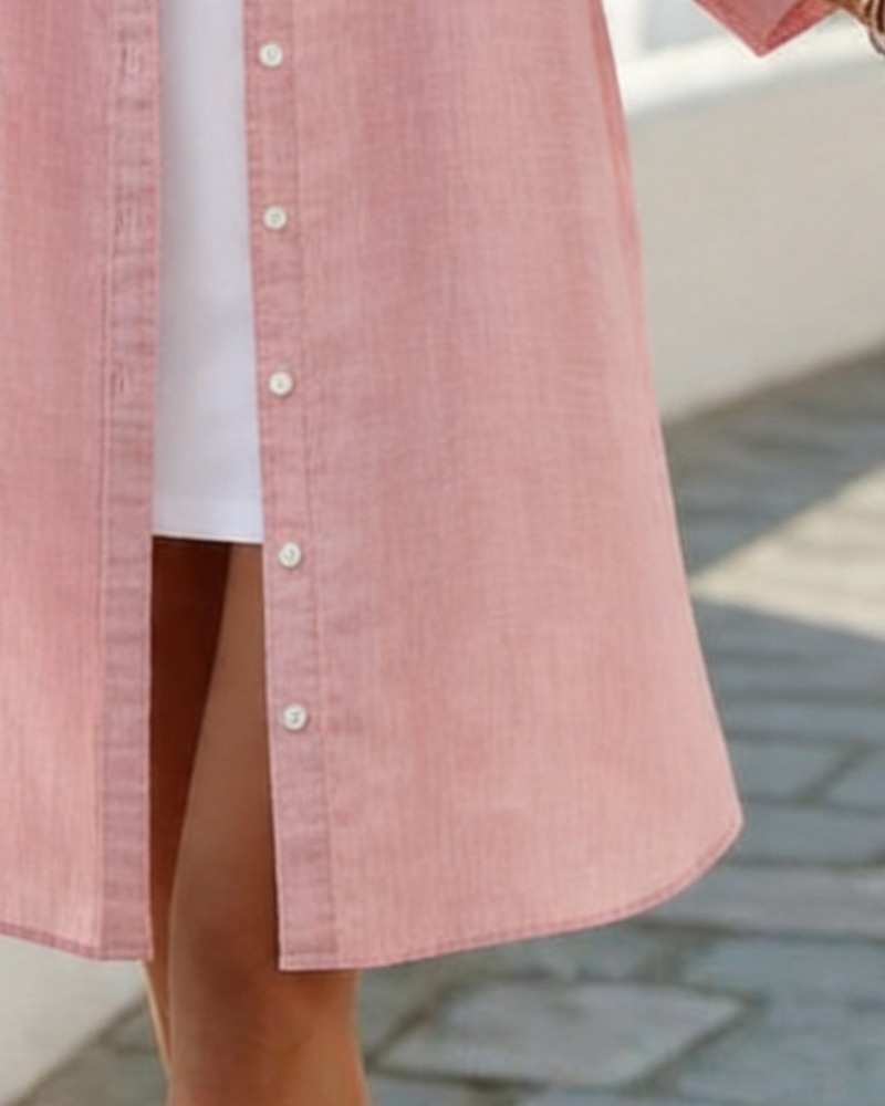 Kleid Revers Knopf Lang Hemd