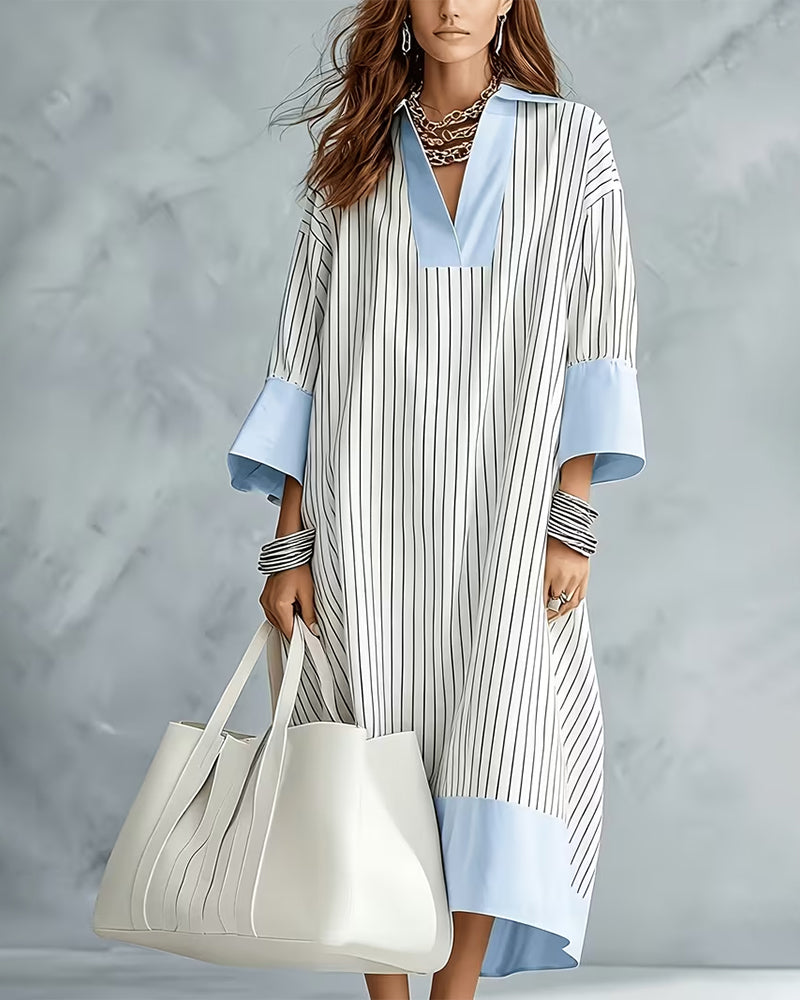 Kleid Farbblock Gestreift Hemd Lang