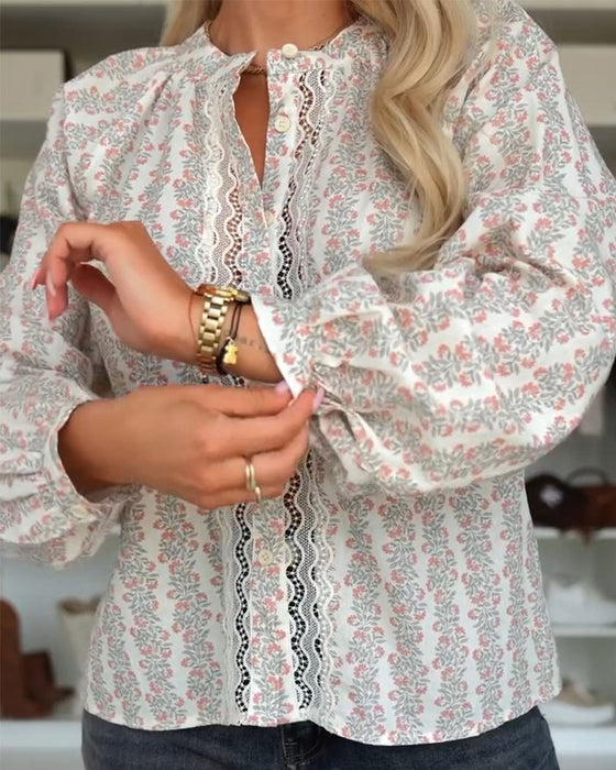 Bluse Knopf Blumen Print