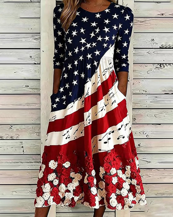 Bedrucktes Kleid Mit Rundhalsausschnitt Midi-Länge