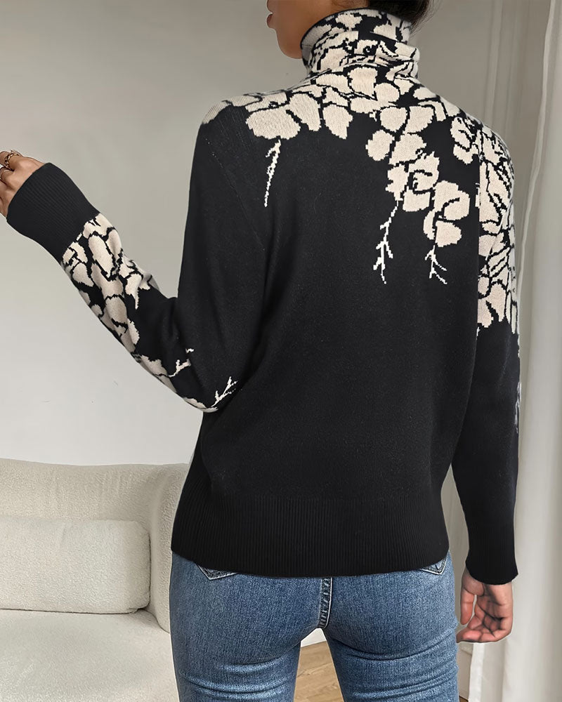 Pullover Hoher Hals Blumig Jacquard