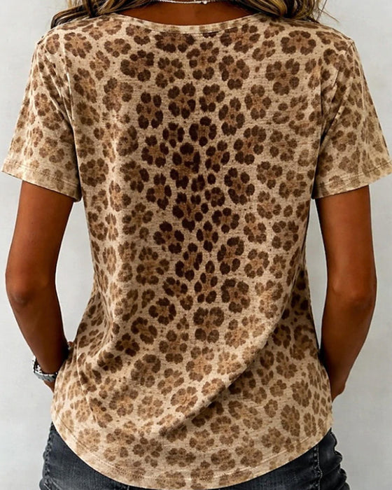 T-Shirt V-Ausschnitt Leopard Druck Gradient Kurzarm