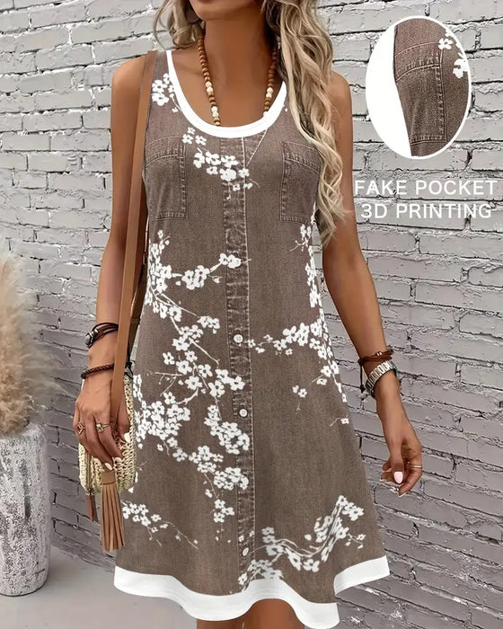 Kleid Lässig Ärmlos Weste Print