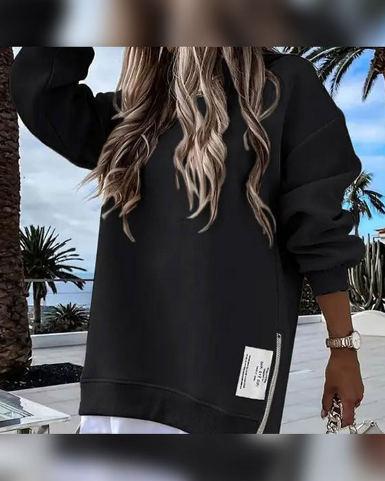Lässiges Sweatshirtkleid Mit Langen Ärmeln, Reißverschluss Und Schlitz