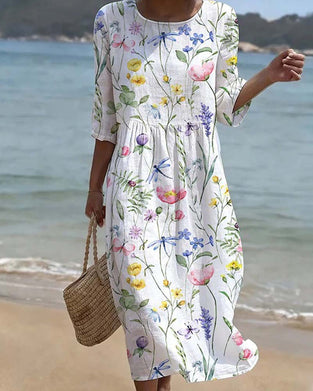 Kleid Kurzarm Blumen Rundhals A-Linie