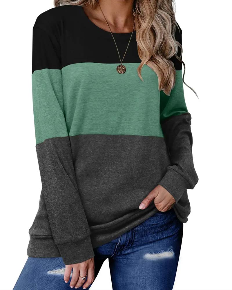 Top Dreifarbig Patchwork Langarm