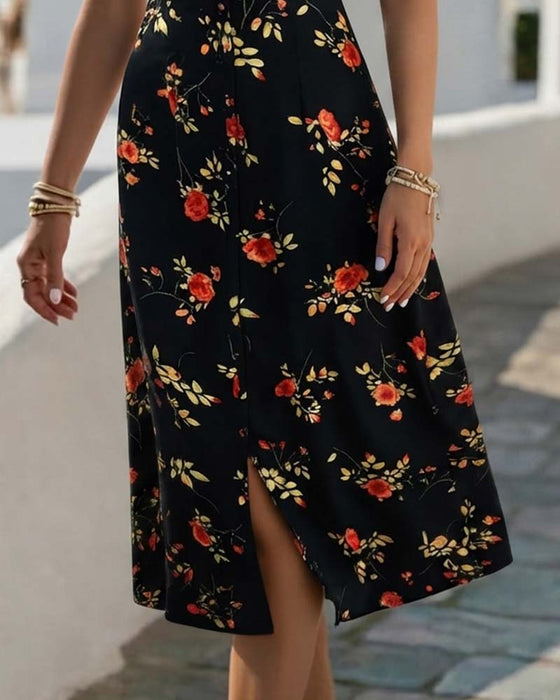 Blumen-V-Ausschnitt-A-Linien-Kleid Mit Schlitz