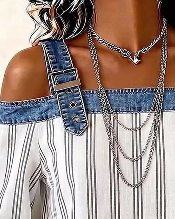 Bluse Denim Off-Shoulder Streifen Panel