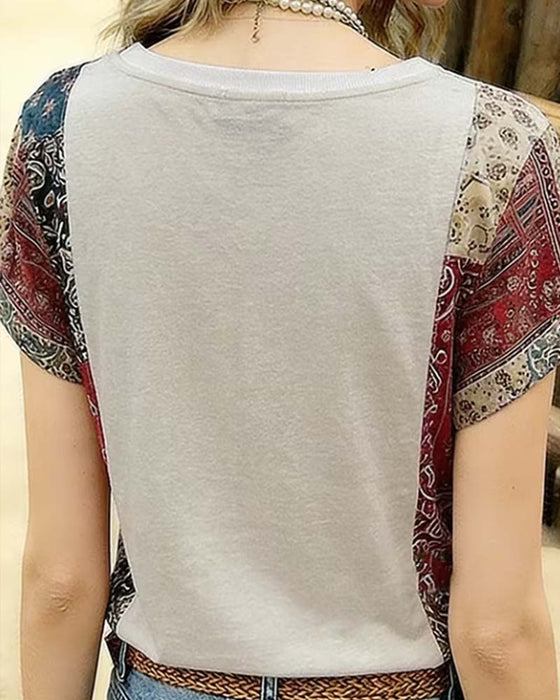 T-Shirt V-Ausschnitt Kurzarm Patchwork