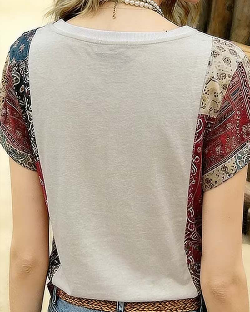 T-Shirt V-Ausschnitt Kurzarm Patchwork