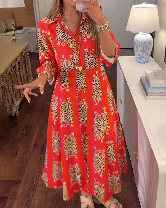 Kleid Langarm Revers Gedruckt Maxi