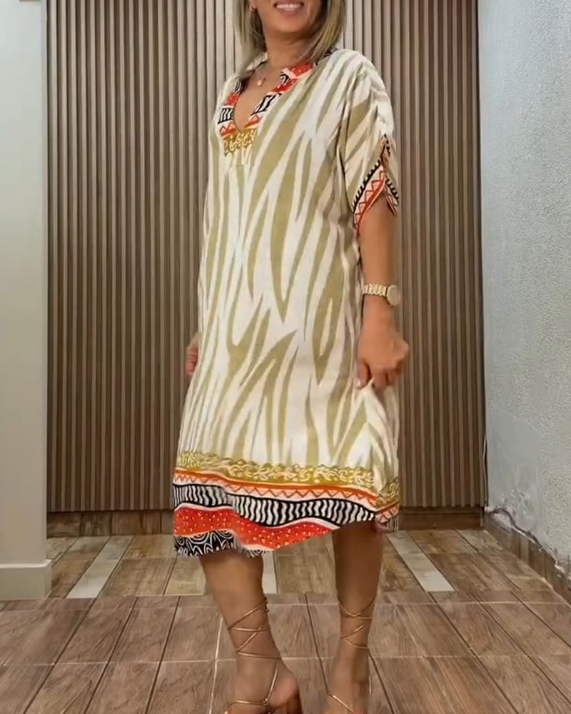 Kleid Bohemian Zebra Druck V-Ausschnitt Locker