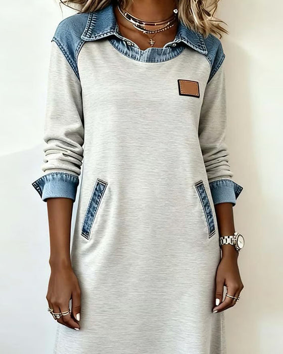 Lässiges Kleid mit Revers aus Denim-Patchwork