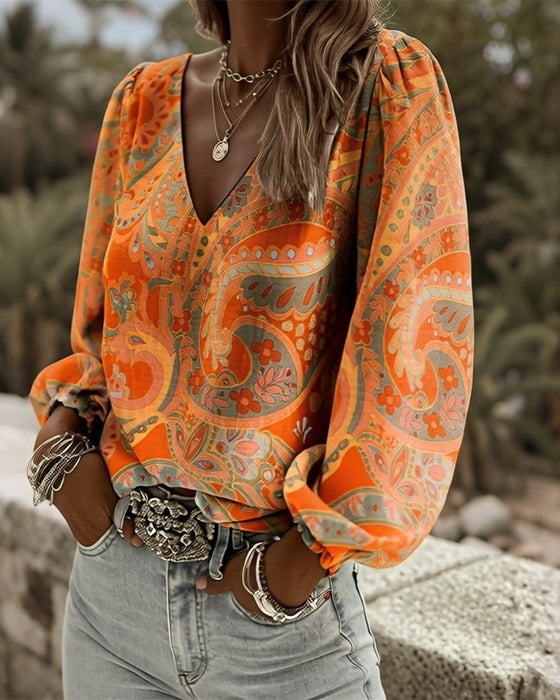 Bluse Gemustert V-Ausschnitt Puffärmel