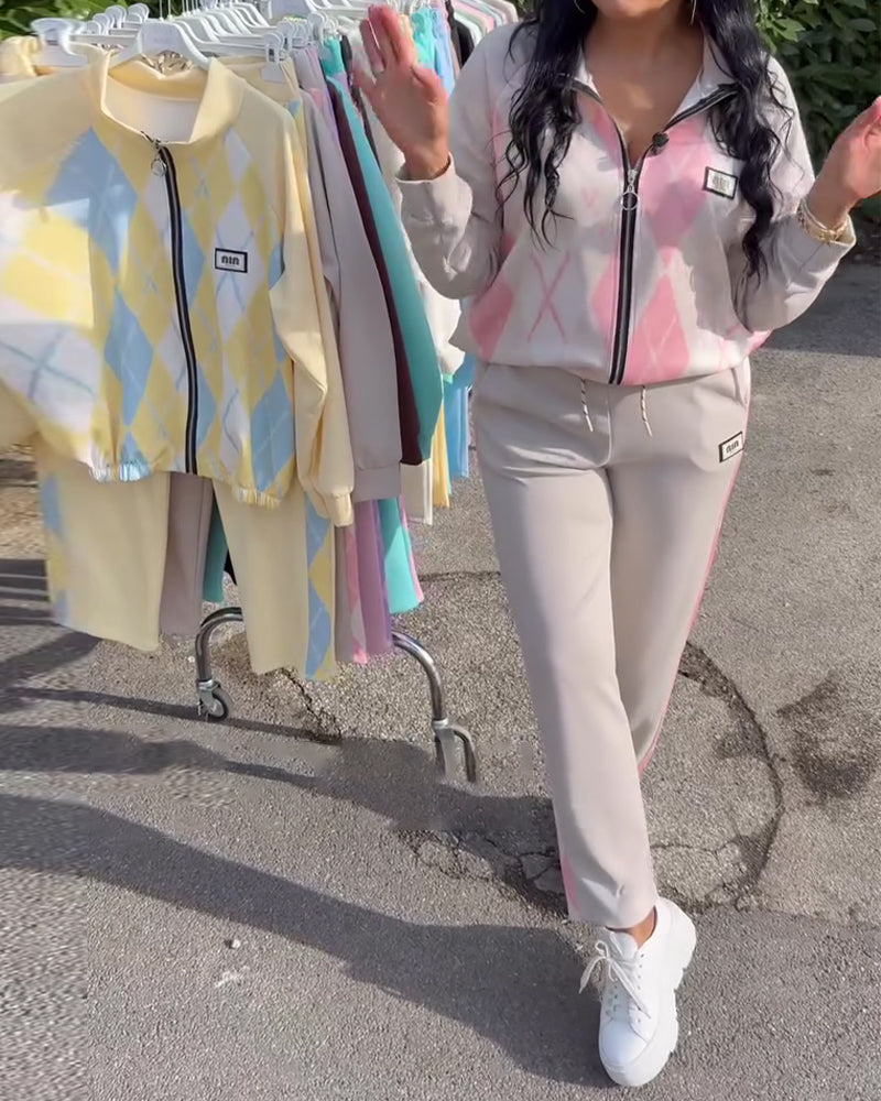 Zweiteiler kariert Oberteil mit Reißverschluss und Hose