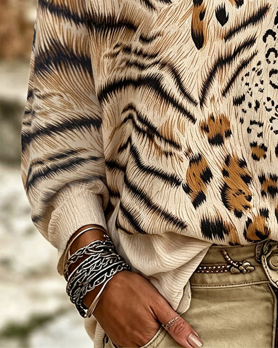 Bluse Rundhals Leopard Langarm