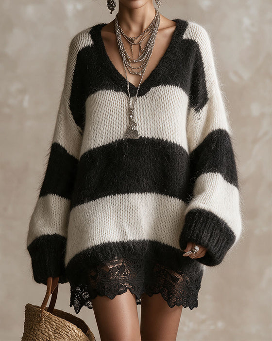 Pullover Kleid V-Ausschnitt Gestreift Spitze Patchwork